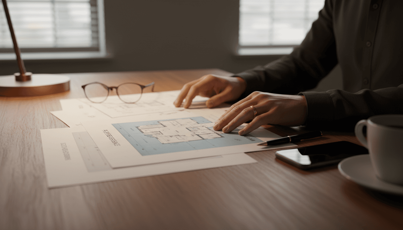 Real estate professional reviewing property documents and blueprints