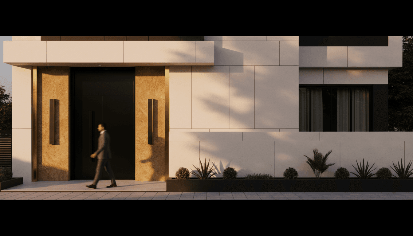 Modern luxury residential property entrance in Lahore with golden hour lighting and contemporary architecture