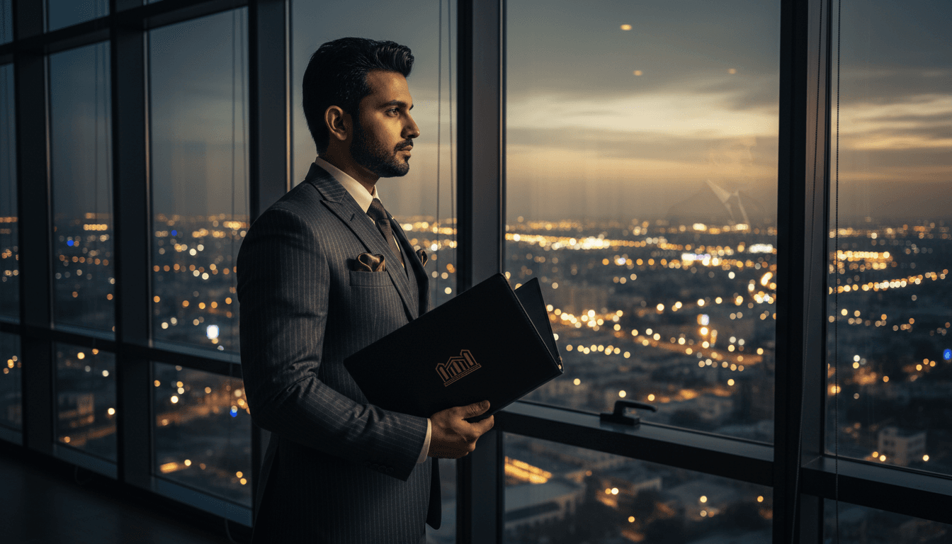 Real estate consultant reviewing investment opportunities with cityscape view