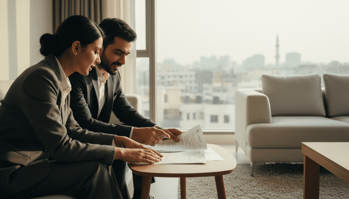 Couple reviewing property documents in a modern home