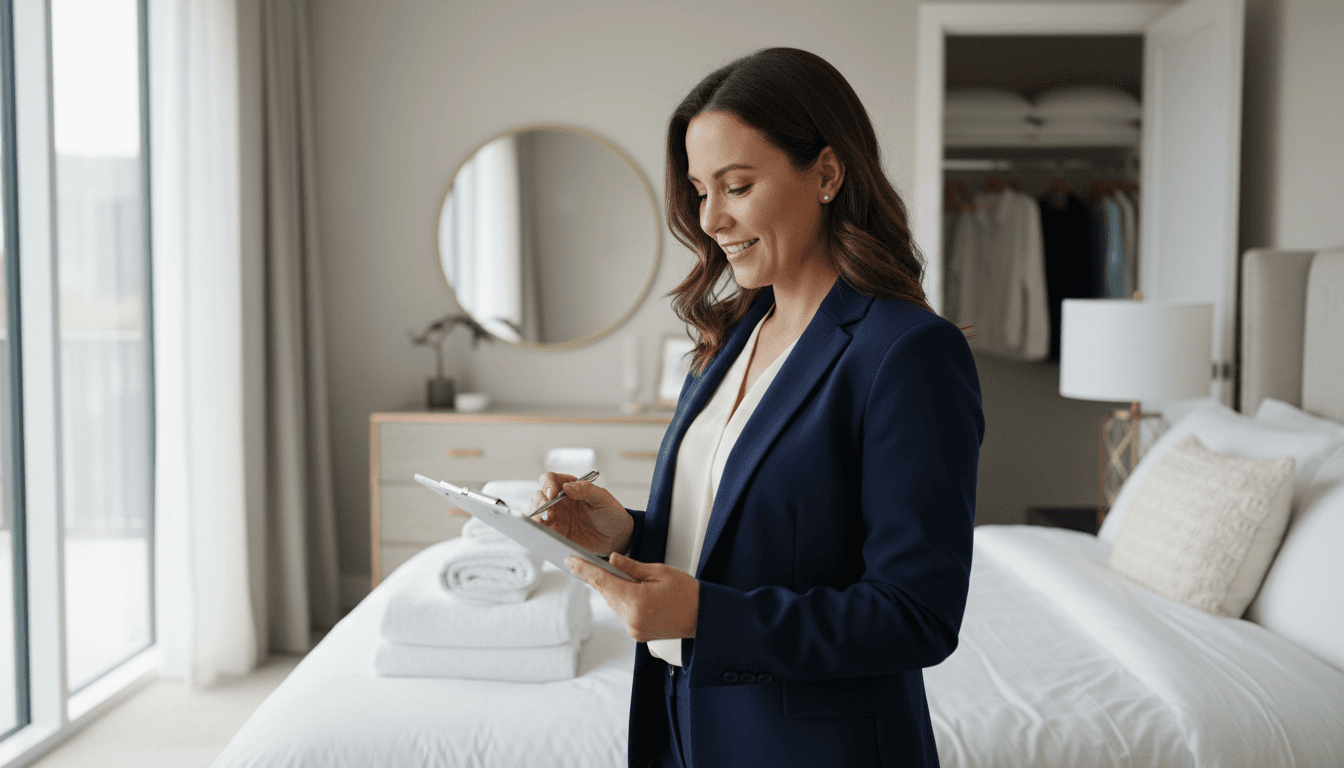 Property manager inspecting a guest bedroom for rental quality