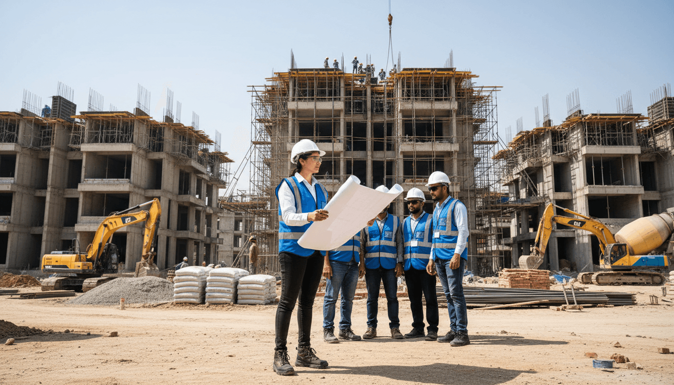 Construction site supervisor overseeing residential development project