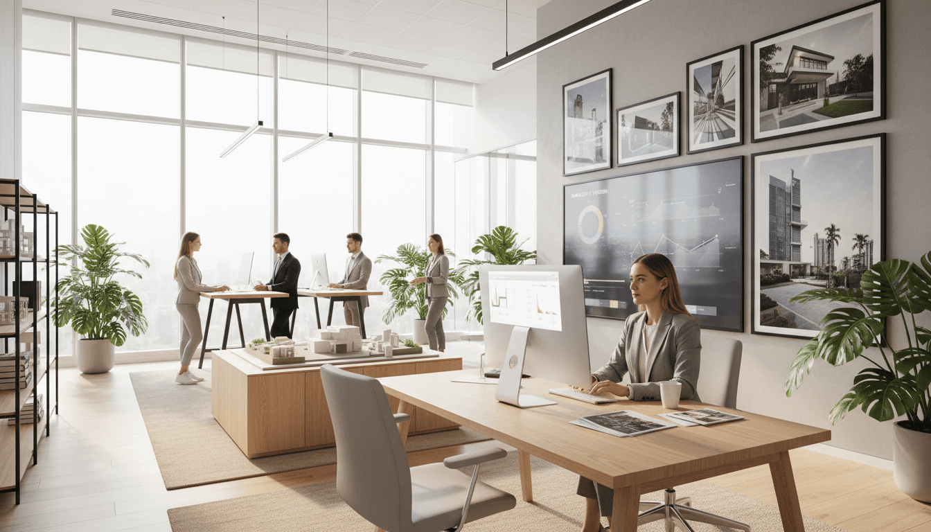 Professional investor reviewing property investment documents and architectural models in a modern office with natural light
