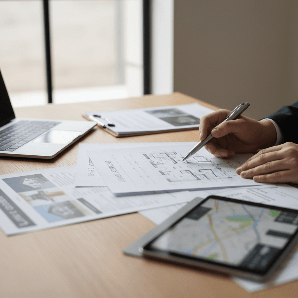 Property manager reviewing rental documentation and contracts