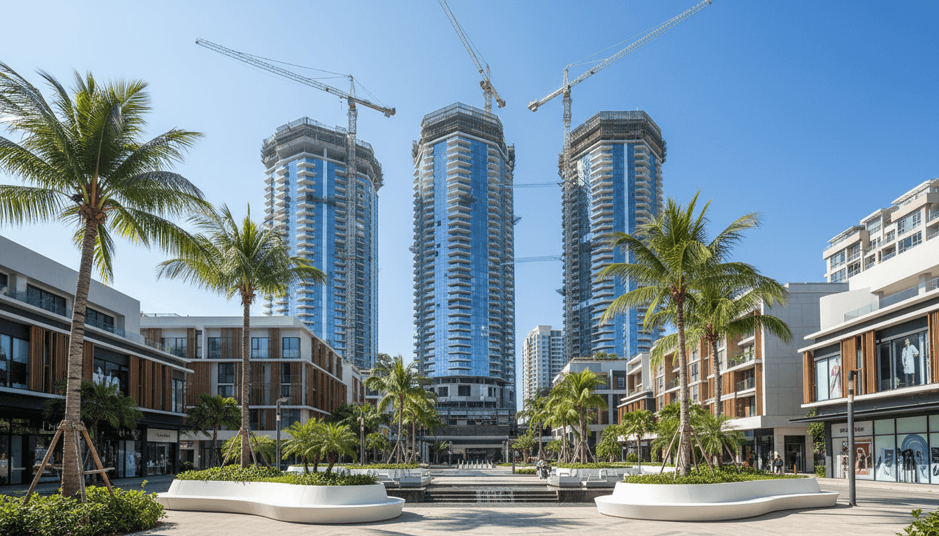 Modern high-rise residential apartment buildings under construction in vibrant tropical urban setting with clear blue sky