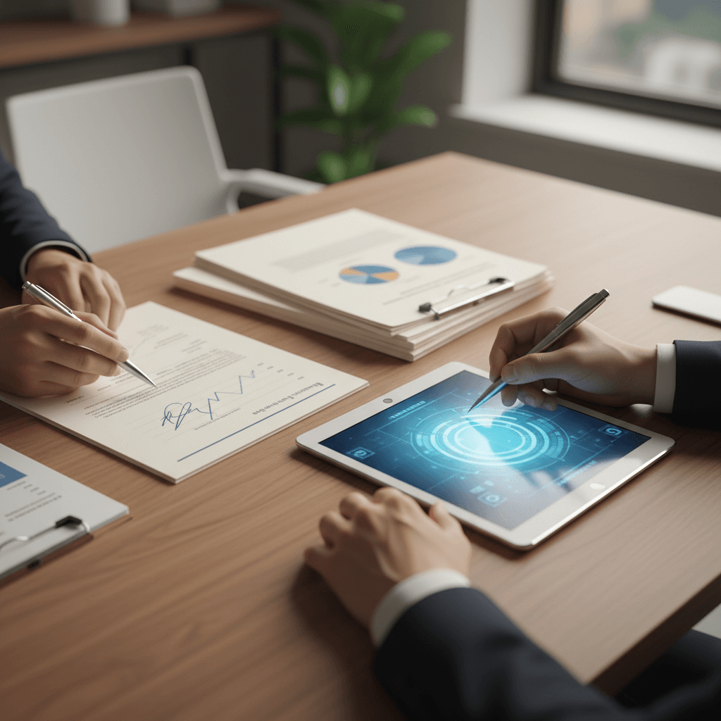 Real estate professional reviewing architectural floor plans and documents on desk
