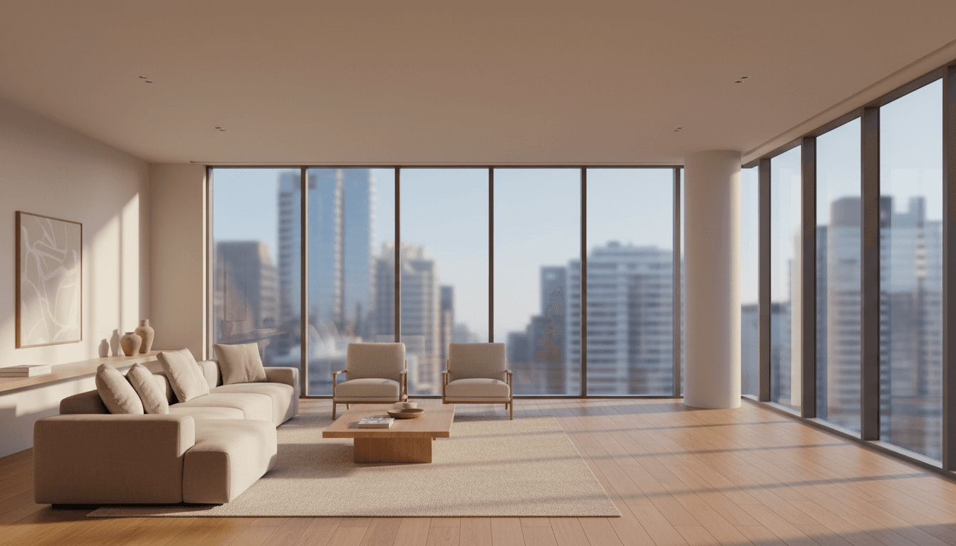 Modern apartment interior with property management analytics displayed on tablet